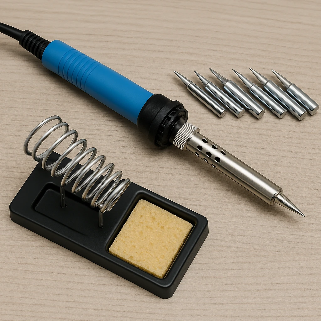 Soldering kit with iron, tips, and stand